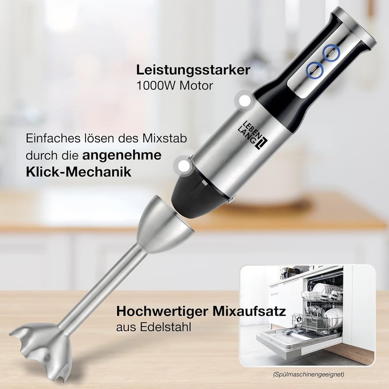 LEBENLANG 1000W Merülőmixer Rozsdamentes Acél Splash Guard és 8 Fokozat Turbo Funkcióval
