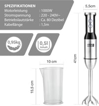 LEBENLANG 1000W Merülőmixer Rozsdamentes Acél Splash Guard és 8 Fokozat Turbo Funkcióval 6