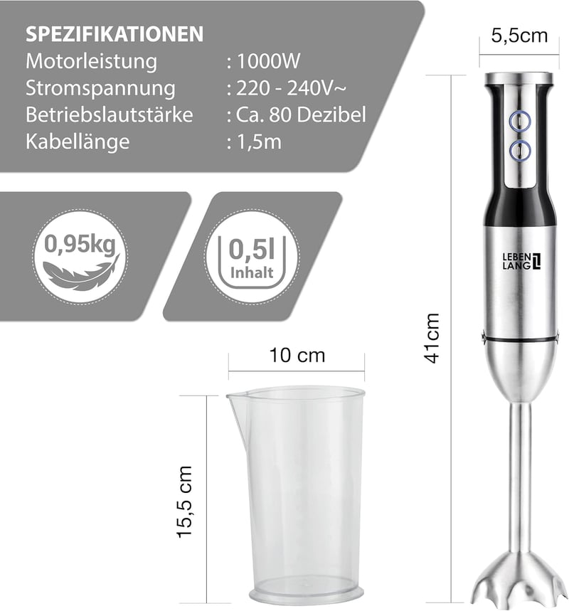 LEBENLANG 1000W Merülőmixer Rozsdamentes Acél Splash Guard és 8 Fokozat Turbo Funkcióval