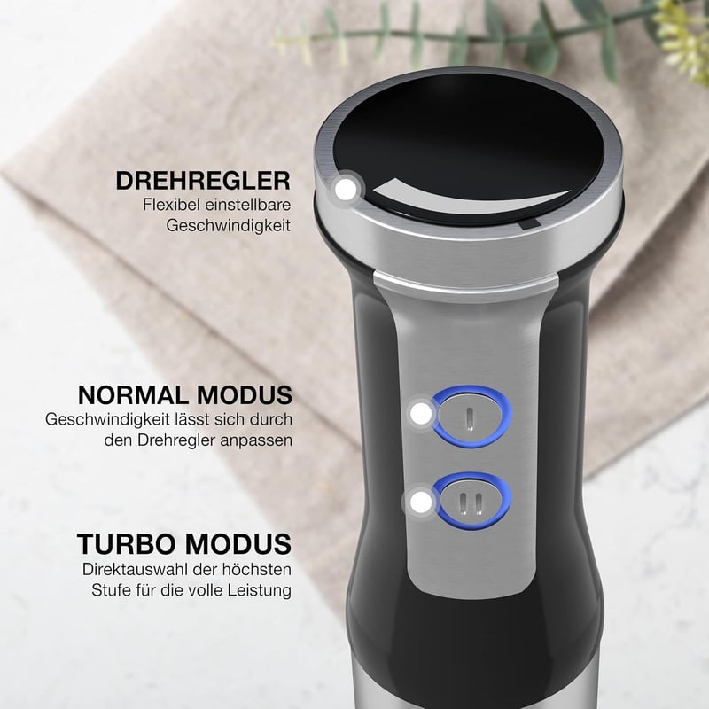 LEBENLANG 1000W Merülőmixer Rozsdamentes Acél Splash Guard és 8 Fokozat Turbo Funkcióval