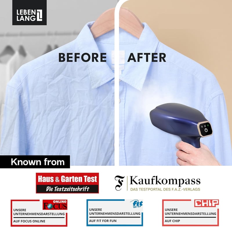 LEBENLANG 1500W kézi ruhasteamer 300ml tartállyal, 2 fej és vasalókesztyű