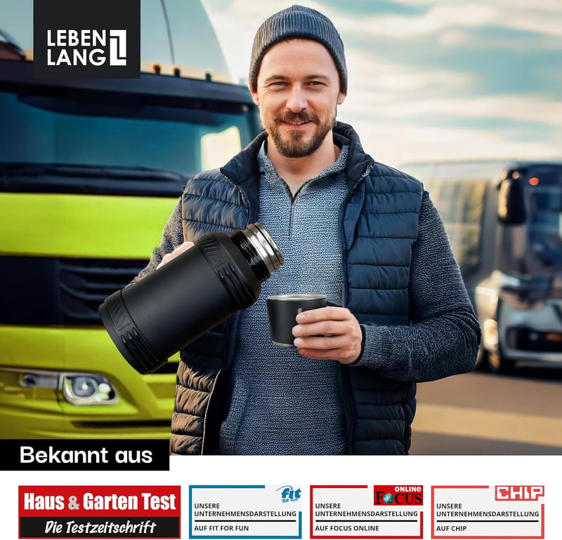 LEBENLANG 2,5 literes termoszos palack 24 órás hőtartással, csészével