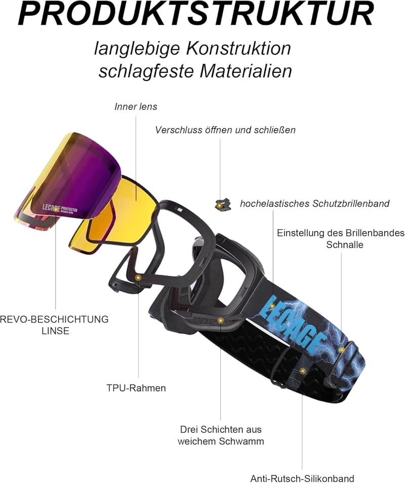 LECAGE Síszemüveg Flip-Up Mágneses Anti-Fog UV400 Férfi Női Snowboard