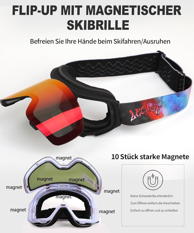 LECAGE Síszemüveg Flip-Up Mágneses Anti-Fog UV400 Férfi Női Snowboard