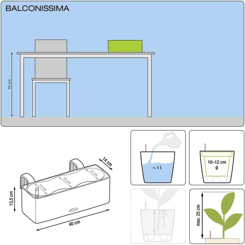 Lechuza Balconissima Colour 40 Komplett Balkonláda Szett - 40x14x13,5 cm, White