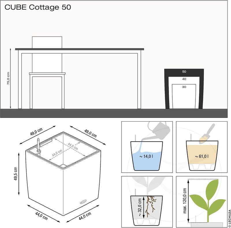 LECHUZA CUBE Cottage 50 Granit Önöntözős Virágcserép - 49 x 49 x 49.5 cm, Grey, Cottage