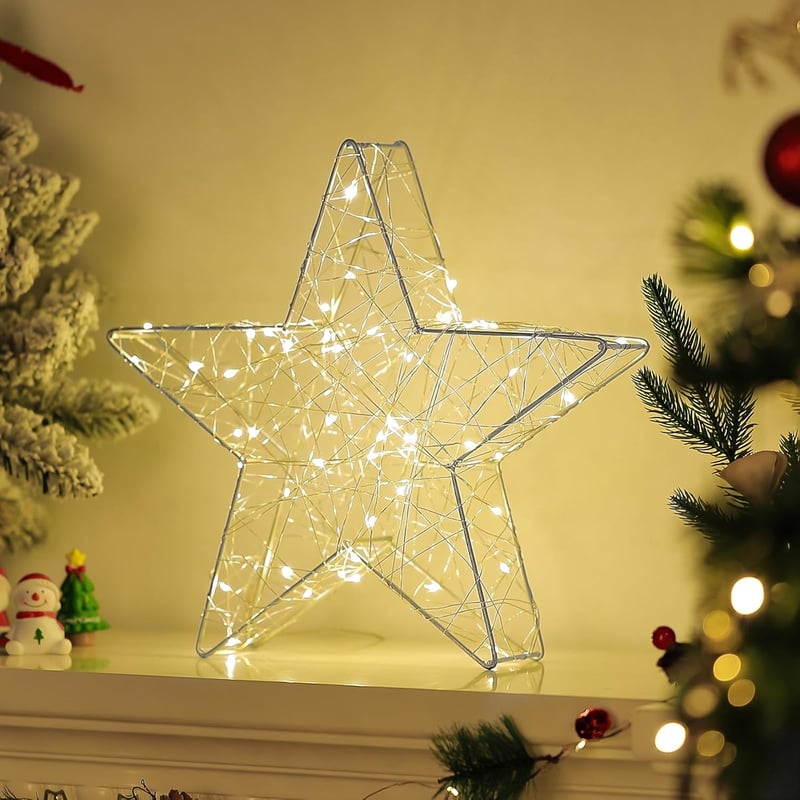 LED Csillag Asztali Lámpa 33 cm - Hangulatos Karácsonyi Fénydísz Meleg Fehér Világítással - Elemes Éjjeli Lámpa Szobai Dekorációhoz