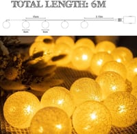 LED Pamutgömb Fényfüzér 6m - 20 LED Világítás Hálószobába, 6cm Átmérőjű Gömbökkel, 8 Világítási Móddal - Beltéri Dekoráció Esküvőre, Karácso 2