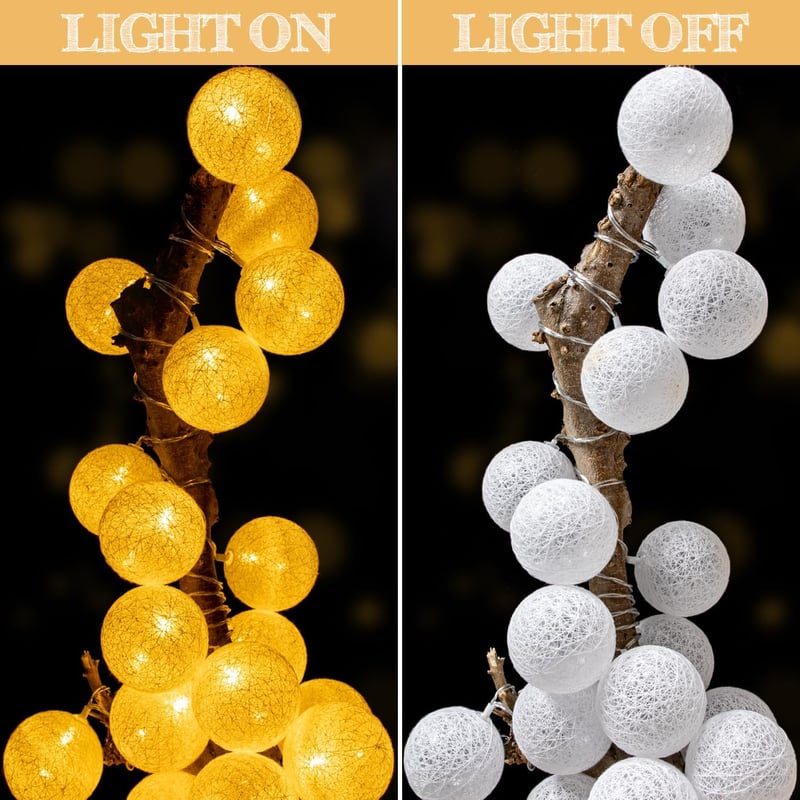 LED Pamutgömb Fényfüzér 6m - 20 LED Világítás Hálószobába, 6cm Átmérőjű Gömbökkel, 8 Világítási Móddal - Beltéri Dekoráció Esküvőre, Karácso