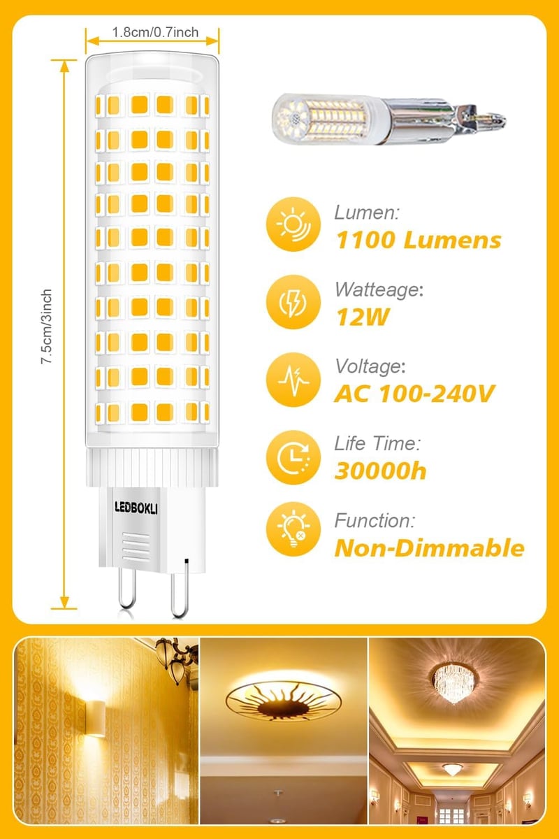 LEDBOKLI G9 LED Izzó Meleg Fehér 12W 3000K - 100W Halogén Helyettesítő, 1100 Lumen Energiatakarékos Villanykörte 360° Fényszög