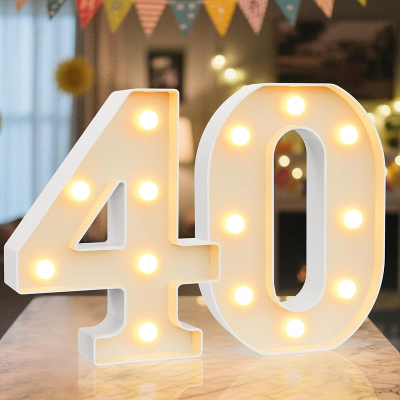 Cifră luminoasă LED Ledido "40", decorațiune luminoasă cu lumină albă caldă și rece, pentru aniversări, nunți și petreceri, funcționează cu baterii, ornament de masă sau de perete