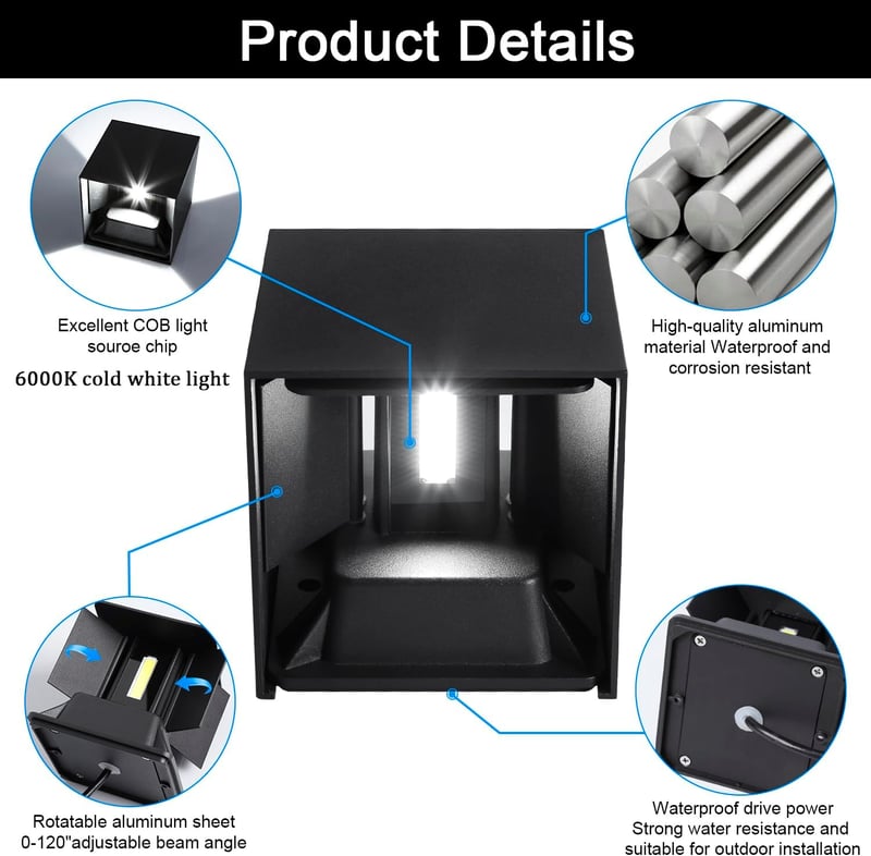 ledmo 4 db LED fali lámpa 20W kültéri/beltéri IP65 vízálló fekete 6000K hideg fehér