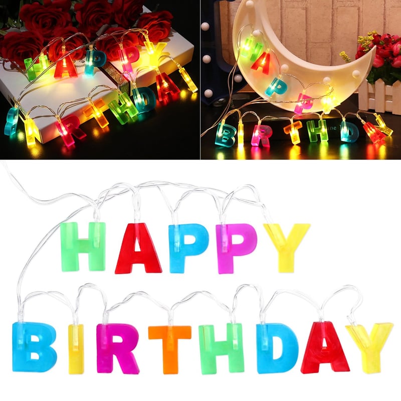 LEDMOMO Ghirlandă luminoasă „Happy Birthday” cu 13 LED-uri, funcționare pe baterii, decorațiune interioară pentru Crăciun și petreceri aniversare, multicoloră