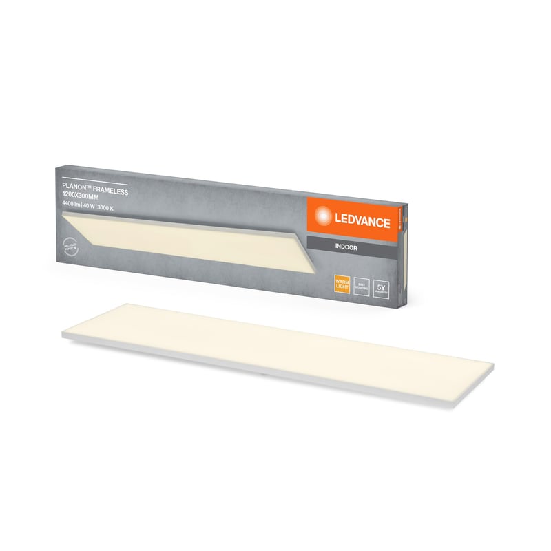 LEDVANCE Planon Frameless LED stropné svietidlo biele 40W 1200x300 mm obdĺžnikové 3000K teplá biela hliníkový kryt matný PMMA difúzor