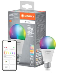 LEDVANCE Smart+ Matter LED žiarovka, E27, 9W, 806 lm, RGBW farebné a biele svetlo, dizajn Matt Frost, kompatibilná s Google, Alexa a Apple, aplikácia a 1