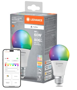 LEDVANCE Smart+ Matter LED žarulja, E27, 9W, 806 lm, RGBW svjetlo u boji i bijelo svjetlo, Matt Frost dizajn, kompatibilna s Google, Alexa i Apple sustavima, aplikacija i