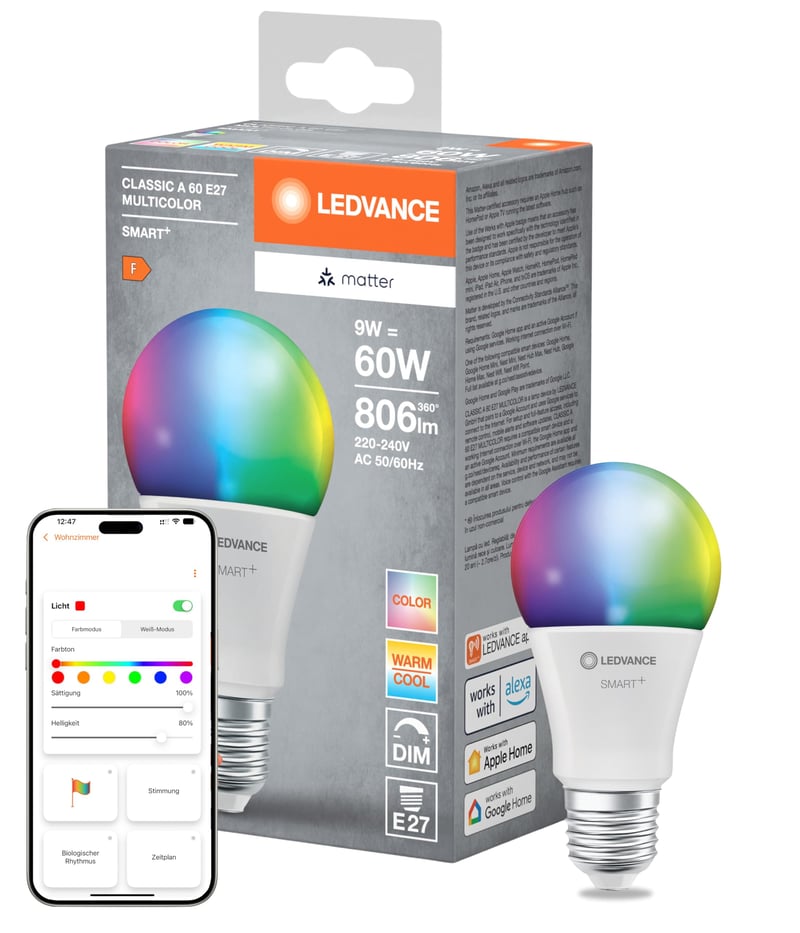 LEDVANCE Smart+ Matter LED žiarovka, E27, 9W, 806 lm, RGBW farebné a biele svetlo, dizajn Matt Frost, kompatibilná s Google, Alexa a Apple, aplikácia a