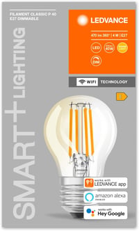 LEDVANCE Smart WiFi LED E27 2700K Dimmable Okos Izzó 4db Alexa Google Vezérlés - 4 pcs (pack of 1), E27, Drop E27, 40W Replacement 4