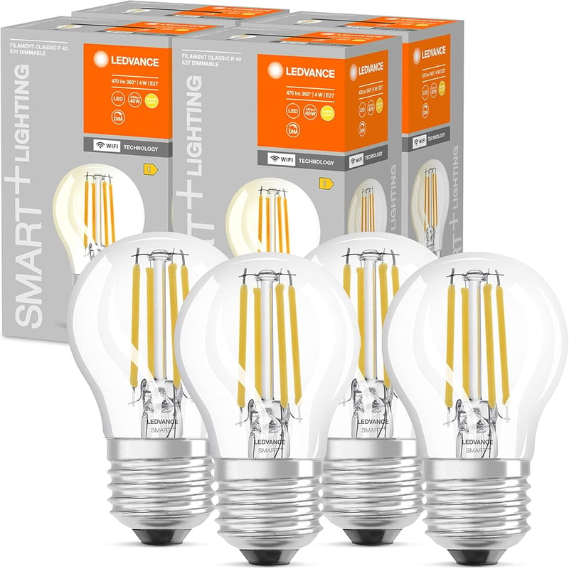 LEDVANCE Smart WiFi LED E27 2700K Dimmable Okos Izzó 4db Alexa Google Vezérlés - 4 pcs (pack of 1), E27, Drop E27, 40W Replacement