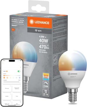 LEDVANCE SMART+ WiFi Mini LED žiarovka Tunable White, E14, 40 W, 2700-6500 K