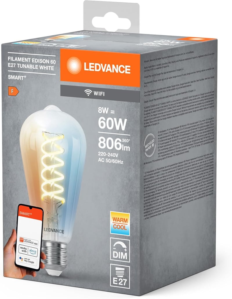 LEDVANCE SMART+ WiFi LED izzó E27 8W 806lm Edison forma dimmelhető fehér fény - Single-Pack, Clear Glass