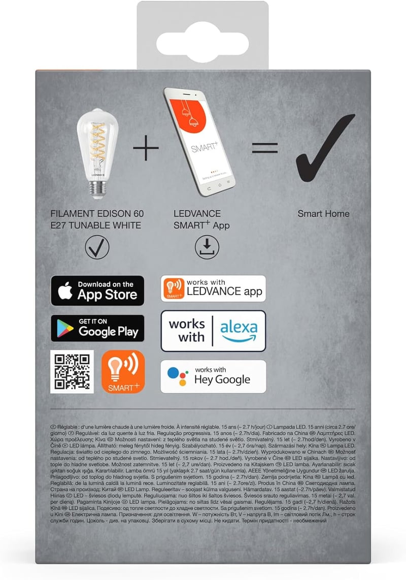 LEDVANCE SMART+ WiFi LED izzó E27 8W 806lm Edison forma dimmelhető fehér fény - Single-Pack, Clear Glass