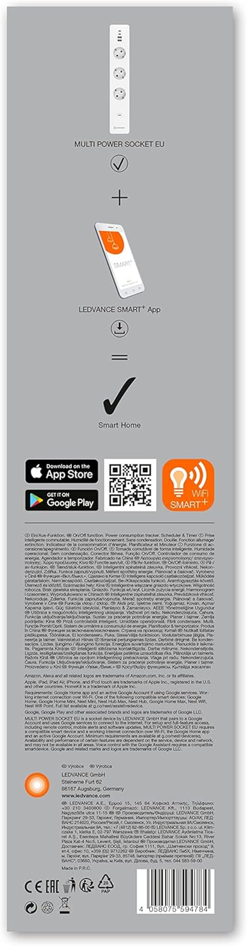 LEDVANCE Smart WiFi Okos Elosztó 3 Aljzat USB Portokkal Túlfeszültség Védelem - Pack of 1, Indoor-Cabled, WiFi