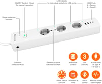 LEDVANCE Smart WiFi Okos Elosztó 3 Aljzat USB Portokkal Túlfeszültség Védelem - Pack of 1, Indoor-Cabled, WiFi 3