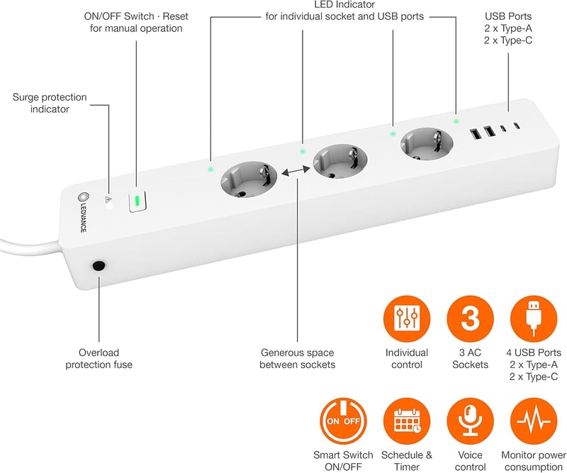 LEDVANCE Smart WiFi Okos Elosztó 3 Aljzat USB Portokkal Túlfeszültség Védelem - Pack of 1, Indoor-Cabled, WiFi
