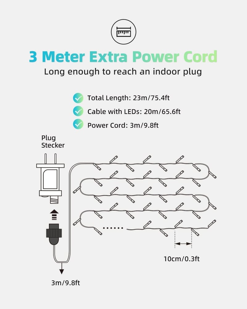 LEDYA 20m 200 LED Karácsonyi Fényfüzér Meleg Fehér 8 Mód Memória Vízálló IP44 - 20 m