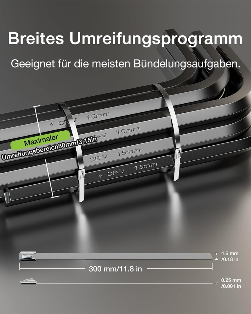 LEENUE Rozsdamentes acél kábelkötegelő 100 db, önzáró rögzítő pánt 300 x 4,6 mm, ezüst láncszem kerítés és kipufogócsőhöz