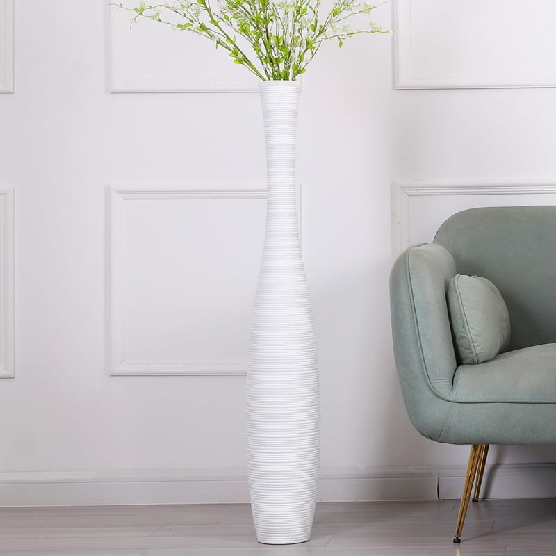 Podlahová váza Leewadee na kvety alebo pampovú trávu, výška 105 cm, biela, živica