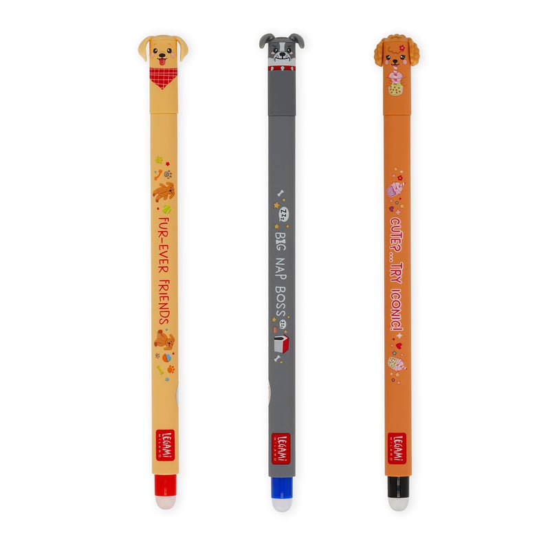 Sada mazateľných gélových pier LEGAMI Fur-ever Friends – 3 ks, 0,7 mm, čierne, modré, červené, s termocitlivým atramentom