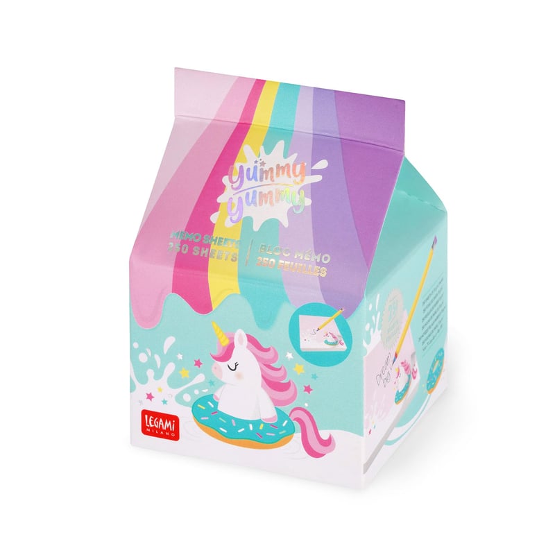 Bloc de notițe detașabile Legami Yummy Yummy Unicorn – 250 de file roz, hârtie certificată FSC, 7x10x7 cm