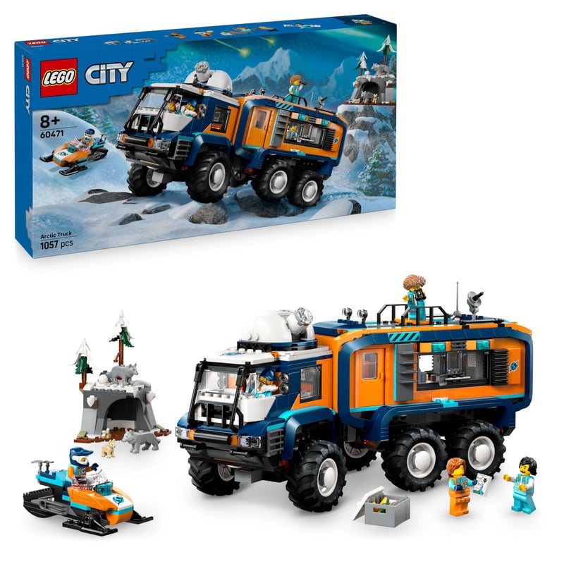 LEGO City Camion de Laborator Arctic 60471 - Vehicul de Explorare cu Direcție și Suspensie, Snowmobil, 5 Minifigurine și 3 Lupi