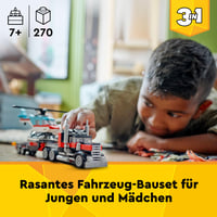 LEGO Creator 3 v 1 Plošinové nákladné auto s helikoptérou 31146 – Stavebnica prestaviteľná na lietadlo a cisternu, Hot Rod a SUV, pre deti od 7 rokov 2