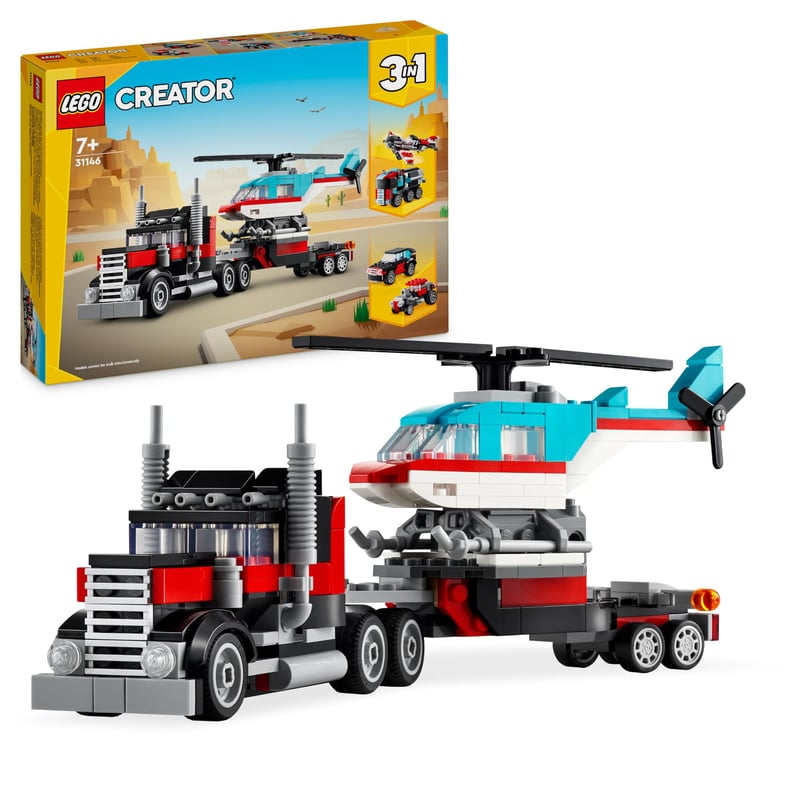 LEGO Creator 3 v 1 Plošinové nákladné auto s helikoptérou 31146 – Stavebnica prestaviteľná na lietadlo a cisternu, Hot Rod a SUV, pre deti od 7 rokov