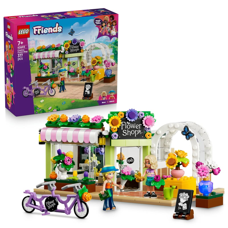 LEGO Friends 42693 Kreatívny obchodík s kvetmi, miniatúrna stavebnica s umelými kvetmi, vázami, kyticami, 2 minifigúrkami a bicyklom, od 7 rokov