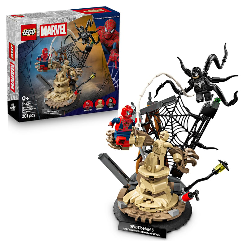 LEGO Marvel 76334 Veľký stret: Spider-Man vs. Sandman – Stavebnica s minifigúrkami Spider-Mana, Venoma a Sandmana – Od 9 rokov