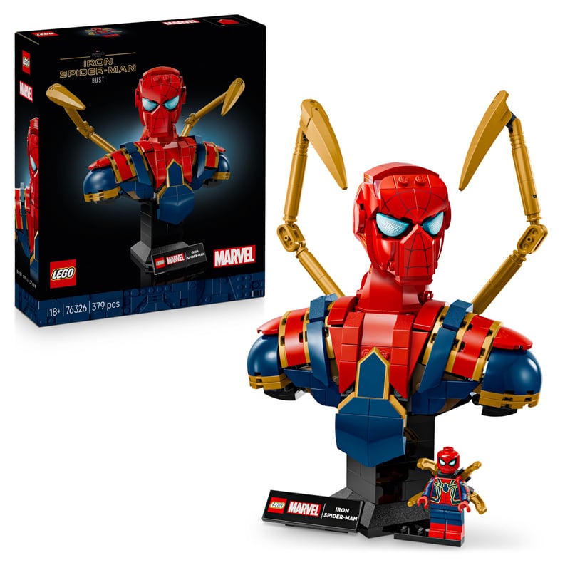 LEGO Marvel Iron Spider-Man bust 76326 – S pohyblivými ramenami, otáčateľnou hlavou a minifigúrkou Iron Mana – Zberateľský model pre dospelých