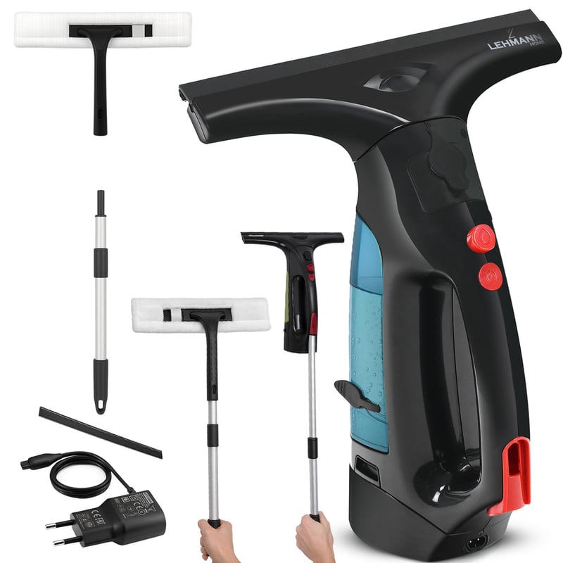 Aparat de curățat geamuri cu acumulator Lehmann cu lamelă de cauciuc, aspirator de geamuri fără fir 25 cm, set electric de curățat geamuri cu pulverizator, rezervor 100 ml, tijă telescopică și lavetă din microfibră