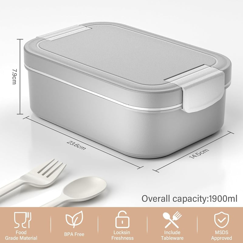 LEIKEEGO 1900ml Szürke Bento Box Felnőtteknek - Szép Ételhordó Irodába és Iskolába