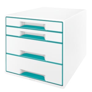Leitz CUBE WOW ladičar s 4 ladice za dokumente A4, bijelo-ledenoplave boje s prozirnim umetcima u ladicama