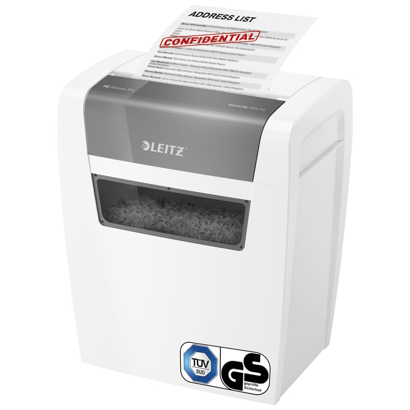 Skartovačka Leitz IQ Home P4, 6 – 7 listov, 15 l kôš, biela, krížový rez, certifikácia TÜV+GS, tichá prevádzka