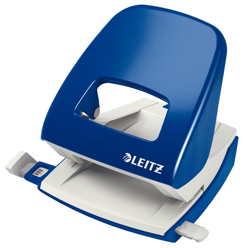 Celokovová dierovačka Leitz NeXXt na 30 listov, s dorazovou lištou, ergonomický dizajn, modrá