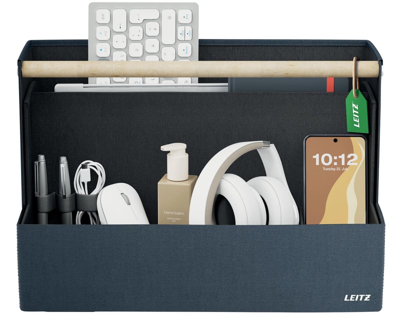 Látkový stolový organizér Leitz s drevenou rúčkou, skladací, 4 priehradky, z recyklovaného materiálu, pre coworking a home office, sivý