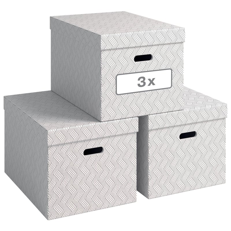 Cutie de depozitare Leitz VON cu capac, 46 L, extra mare, carton 100% reciclat, model geometric, alb, 3 bucăți, 61420001