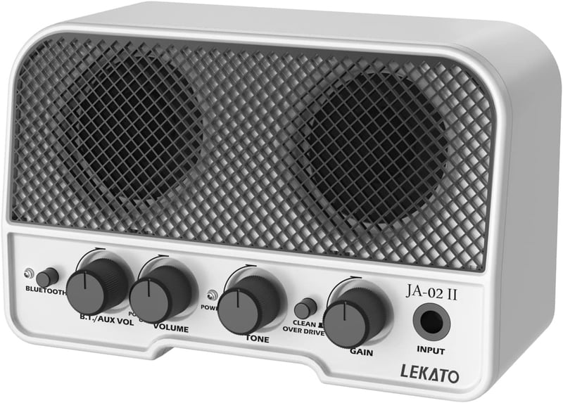 LEKATO 5W Mini Gitárerősítő Bluetooth 5.0 Funkcióval - Hordozható Elektromos Gitár Kombó Erősítő Kettős Hangszóróval, Clean és Overdrive Csa