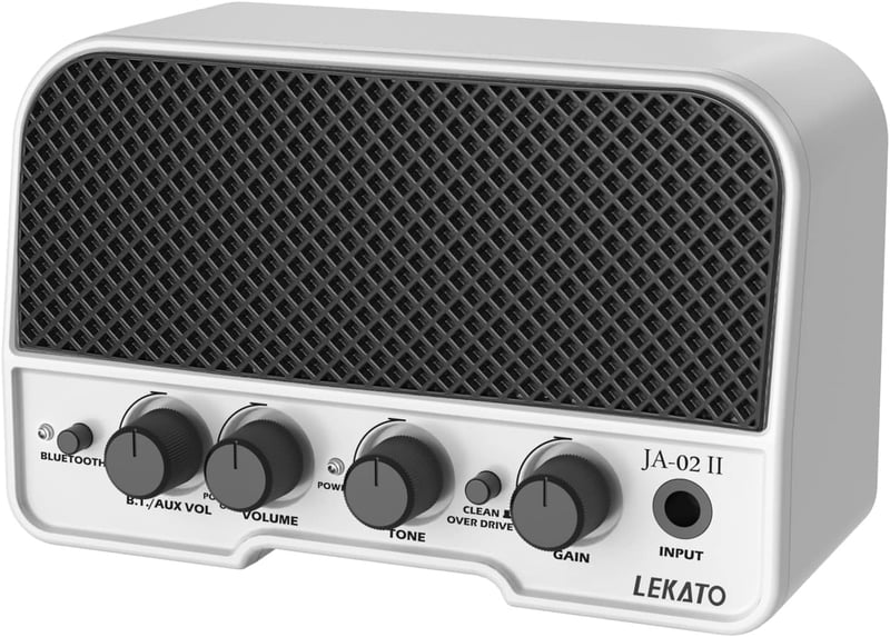 LEKATO 5W Mini Gitárerősítő Bluetooth 5.0 Funkcióval - Hordozható Elektromos Gitár Kombó Erősítő Kettős Hangszóróval, Clean és Overdrive Csa