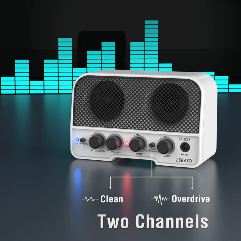 LEKATO 5W Mini Gitárerősítő Bluetooth 5.0 Funkcióval - Hordozható Elektromos Gitár Kombó Erősítő Kettős Hangszóróval, Clean és Overdrive Csa